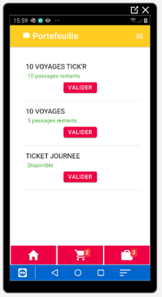 Application Taneo e-ticket portefeuille